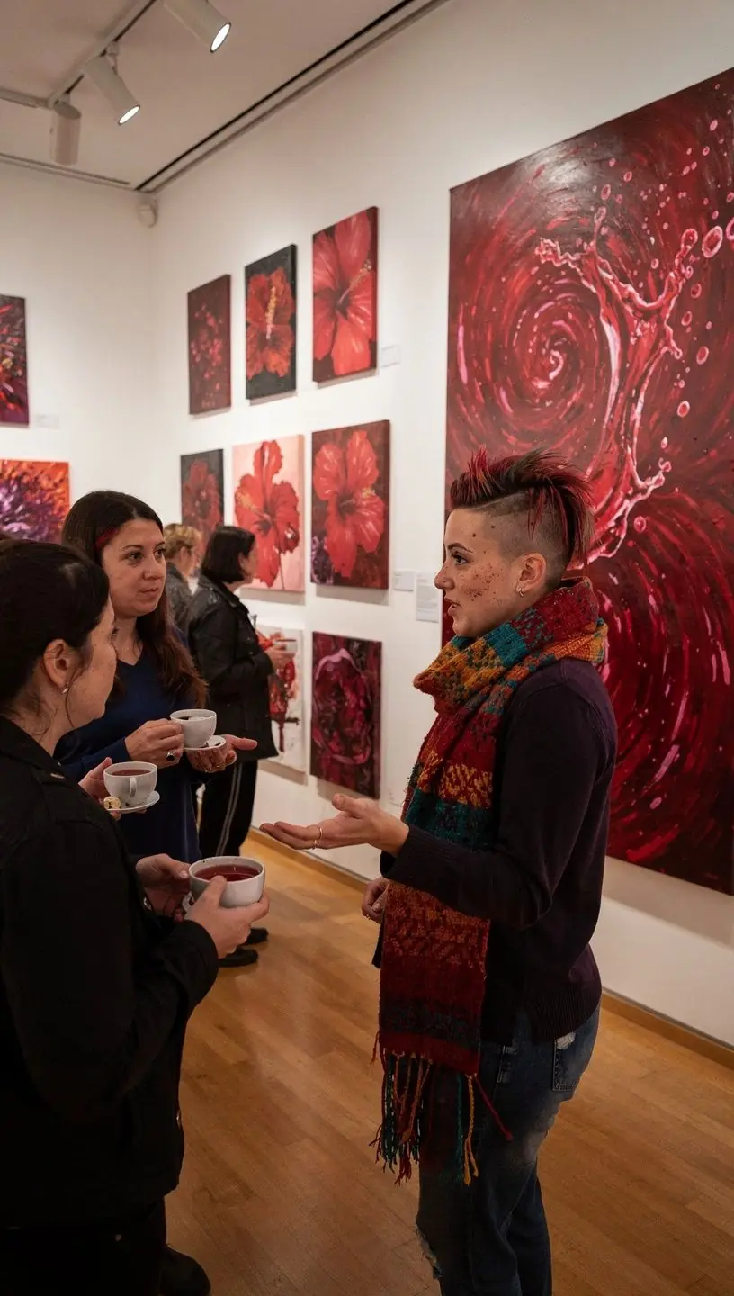 Egy csésze hibiszkusz tea, mellette friss gyümölcsök és szárított virágok.