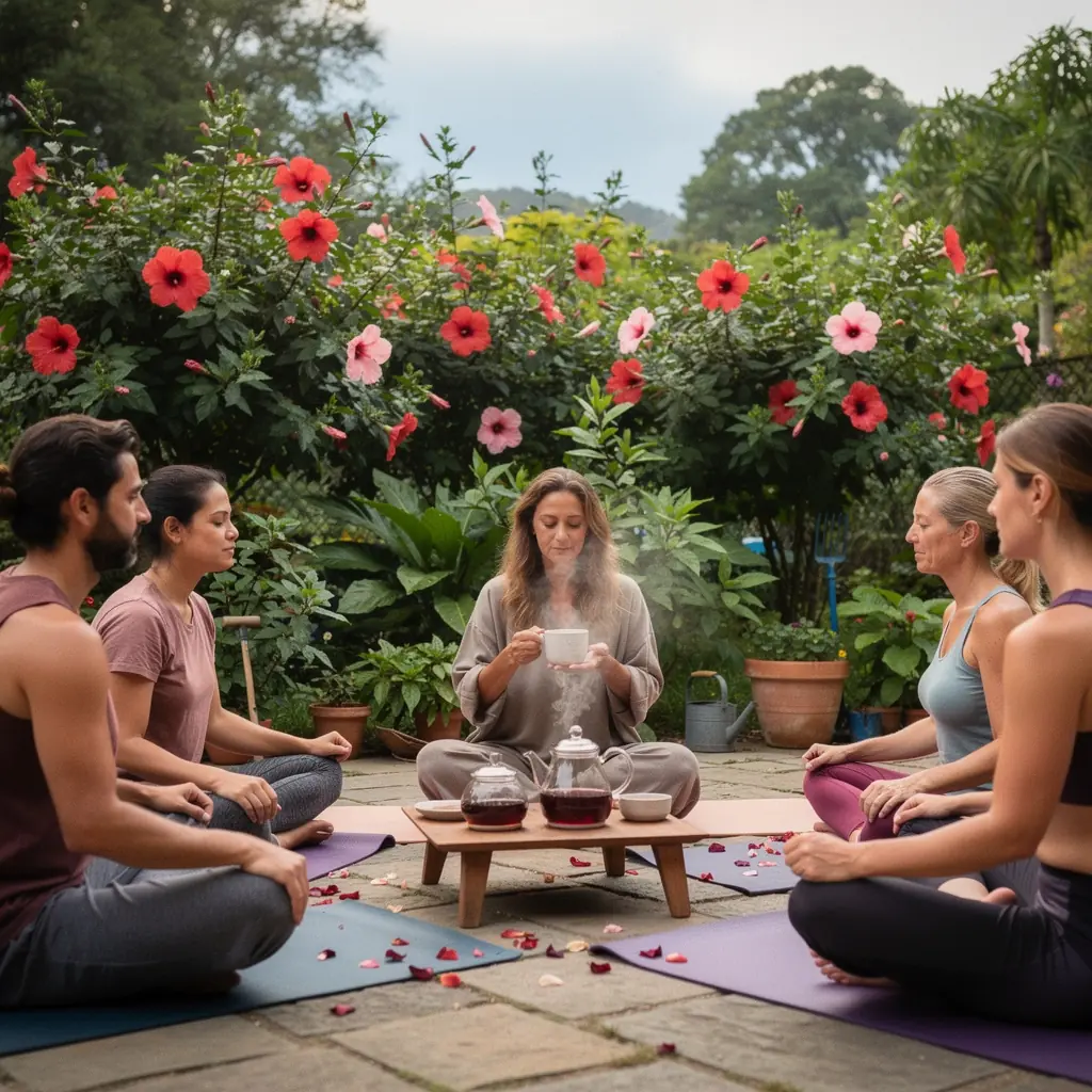 Fanyar vörösáfonya ízű hibiszkusz tea csésze, napfényben.