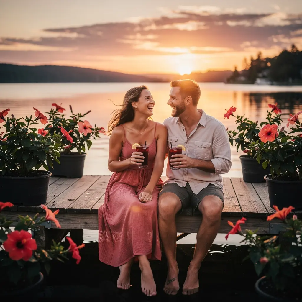 Hibiszkusz növény levelei és virágai, a trópusi klíma jellegzetességei.